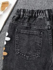 少女牛仔裤，春夏新品，Y2K风格，黑灰牛仔布，3D立体花卉刺绣，阔腿破洞牛仔短裤，毛边裤脚，舒适棉质牛仔面料，适合休闲、上学、通勤等场合。 - 灰色 - 查看 8