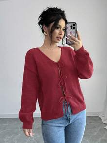 Selianne Áo cánh dài tay buộc dây phía trước màu trơn dành cho nữ, thiết kế đơn giản để mặc hàng ngày, áo khoác cardigan dáng ngắn màu đen, áo khoác cardigan nơ cho bé gái, áo khoác cardigan dáng ngắn màu đen - Màu Hoa hồng đỏ - Xem 3