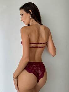 Aloruh 2件套女士优雅性感蕾丝内衣套装 - 酒紅色 - 查看 7