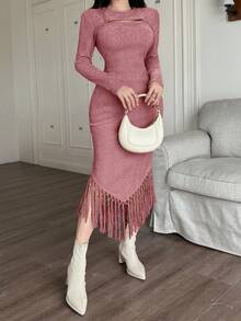 Feyla Đầm dài tay cổ tròn tua rua màu trơn thanh lịch dành cho nữ - Bụi hồng - Xem 5