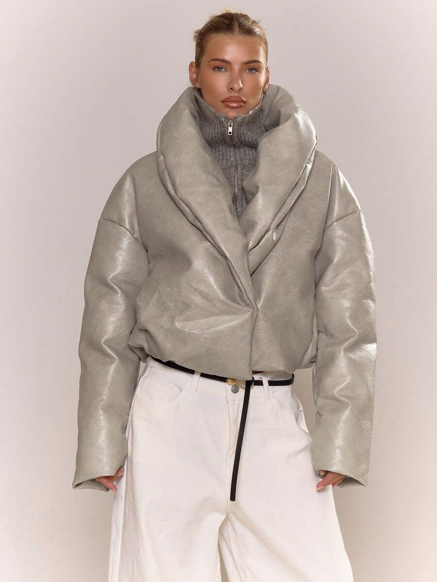 MUSERA Thick Padded Fold Over Collar Faux Leather Jacket Night Out Autumn Fall Winter Back To School Everyday Outerwear - Apricot - View 1