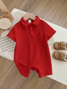 SHEIN 新生儿男女宝宝柔软舒适休闲日常白色短袖针织连体衣，适合室内、室外、日常穿着、运动、玩耍、派对、拍照、度假、节日、婚礼、迎婴派对、洗礼和周岁生日等场合。 - 紅色 - 查看 3