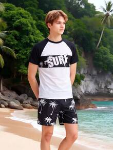 SHEIN Teenager Jungen Zweiteiler Badeanzug Set, Teenager Jungen bedruckter Badeanzug für Strand und Surfen - Schwarz und Weiss - Übersicht 5