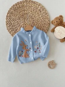 SHEIN Newborn Baby Girl Cute & Sweet Embroidered Button Sweater