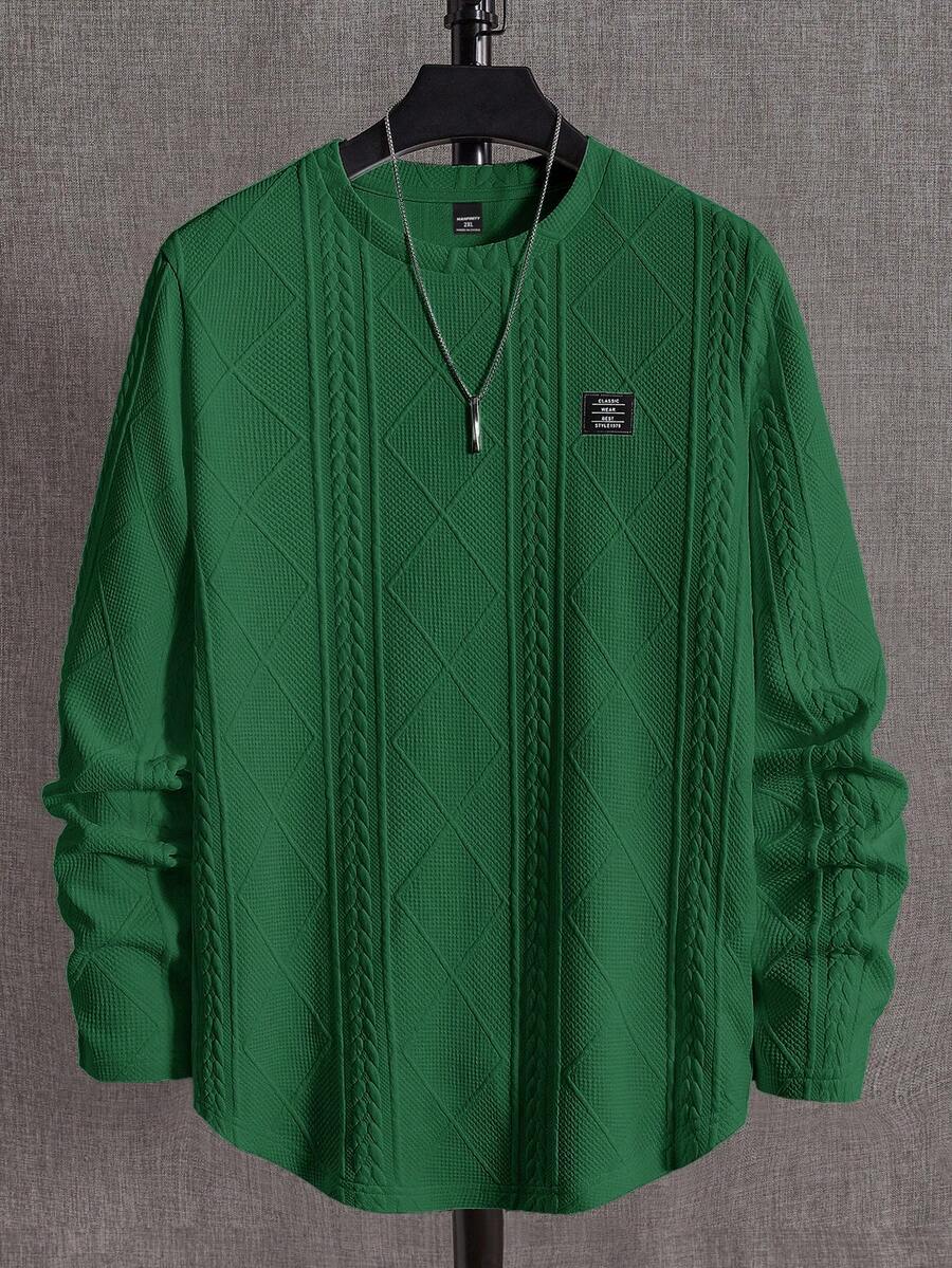 EASEVO تيشيرت رجالي بمقاسات كبيرة، فضفاض، محبوك، بنقشة سنابل القمح المعينية، بياقة دائرية وأكمام طويلة - أخضر - مشاهدة 1