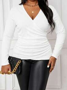 SHEIN Lady 秋冬季优雅白色针织褶皱胸部长袖加大码T恤，适合音乐会、秋冬锐舞派对、早午餐等场合穿着。 - 白色 - 查看 4