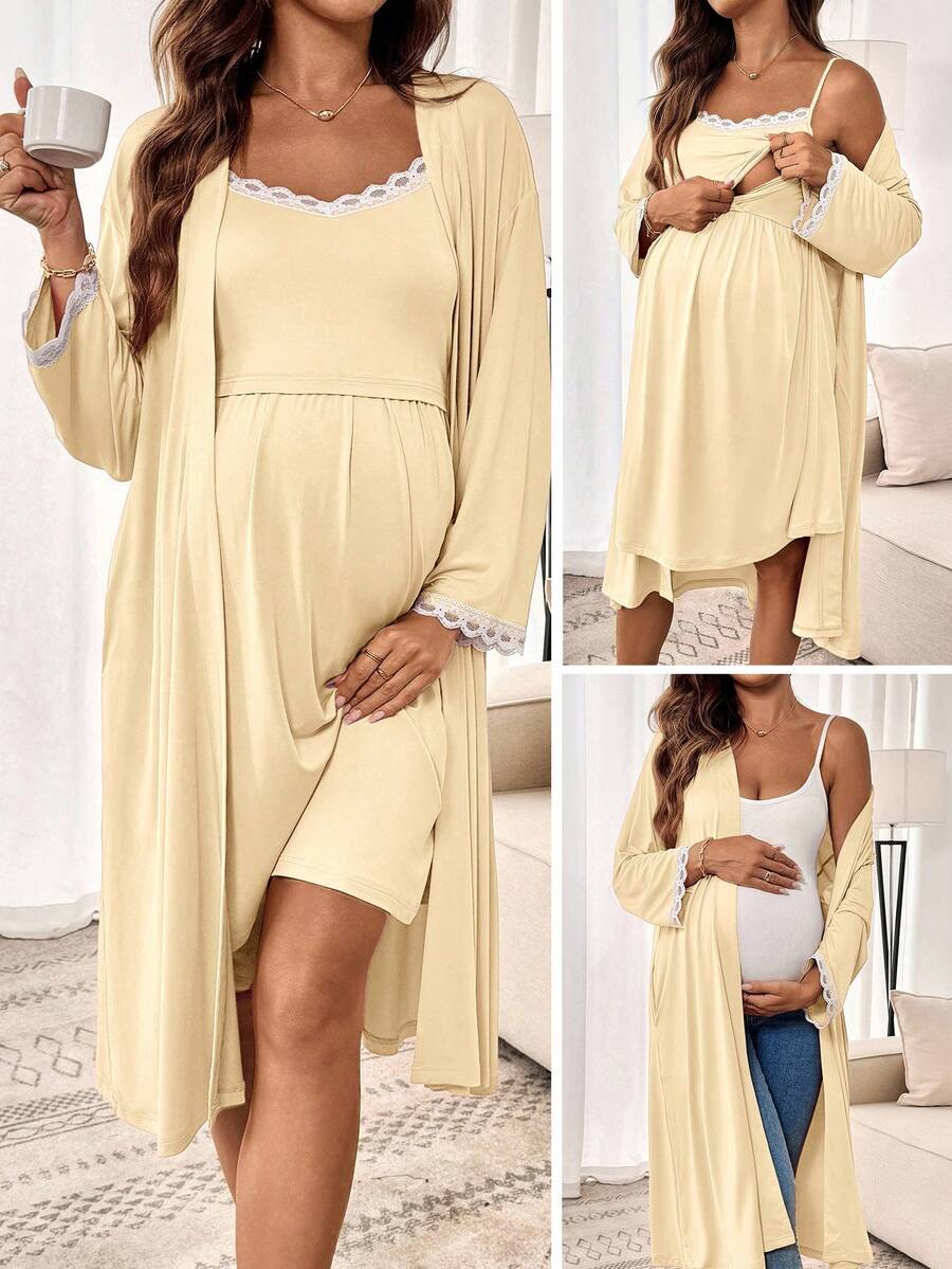 SHEIN Bộ 2 món áo choàng và áo hai dây ren dành cho bà bầu - Màu be - Xem 1