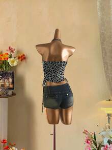 Attitoon Áo crop top buộc dây rút phía trước cho nữ - Xám - Xem 3