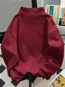 Almamuse Moletom feminino plus size com gola alta, zíper frontal, estampa de letras, estilo casual e versátil para o dia a dia. Manga longa. - Borgonha - Ver 2