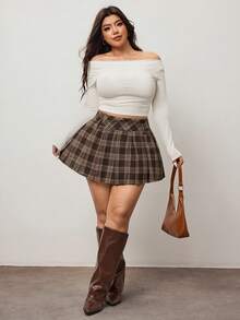Enliva Brązowa spódnica mini w kratę na festiwal muzyczny w dużym rozmiarze, spódnica w kratę, powrót do szkoły, dla sylwetki typu jabłko i okrągłej - Brązowy - Zobacz 6