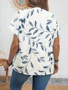SHEIN Clasi Áo sơ mi tay ngắn cổ chữ V họa tiết thực vật dành cho nữ, thường ngày, đa năng, đi làm và đi nghỉ - Màu xanh lam - Xem 2