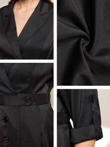 Momelise Plus Size Women Solid Color Lapel NeckRoll-Up Sleeve Single-Breasted Elegant Dress - Black - View 9