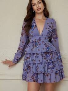 Revavyn Váy dài tay in họa tiết ngẫu nhiên thời trang dành cho nữ trang phục đi nghỉ - Màu xanh lam - Xem 3