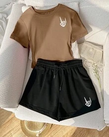 Set de 2 piezas de camiseta y pantalones cortos con estampado de Mano Calaverica - Café integral - Ver 1