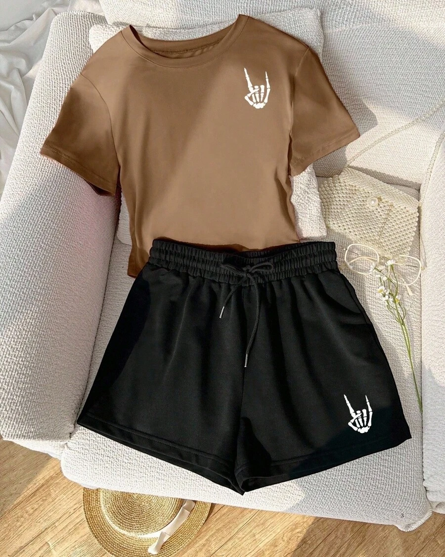 Set de 2 piezas de camiseta y pantalones cortos con estampado de Mano Calaverica - Café integral - Ver 1