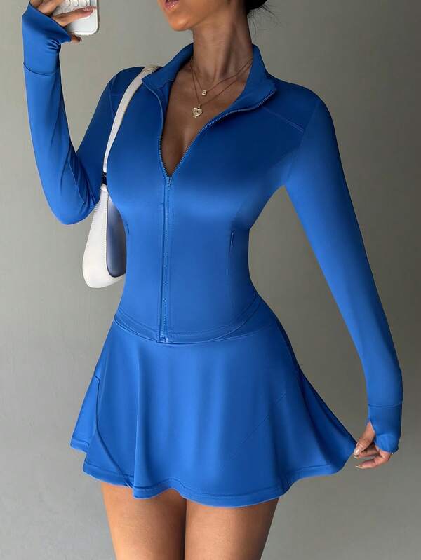 Dewbera Women's Casual Fitness Solid Color Zip-Up Fitted Jacket And Mini Skirt Set