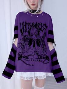 ROMWE Anime Cute Striped Patchwork Women's Cartoon Character Letter Print Casual T-Shirt - Purple - View 5