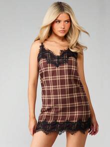 MISSGUIDED Plaid Checked Mini Dress With Black Lace Trim Spaghetti Strap Fall Winter Casual Party Outfit - Khaki - View 1