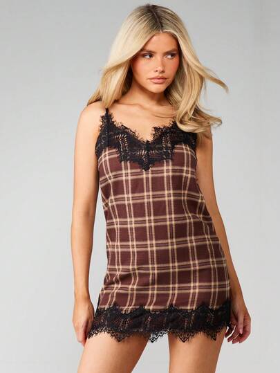 MISSGUIDED Plaid Checked Mini Dress With Black Lace Trim Spaghetti Strap Fall Winter Casual Party Outfit