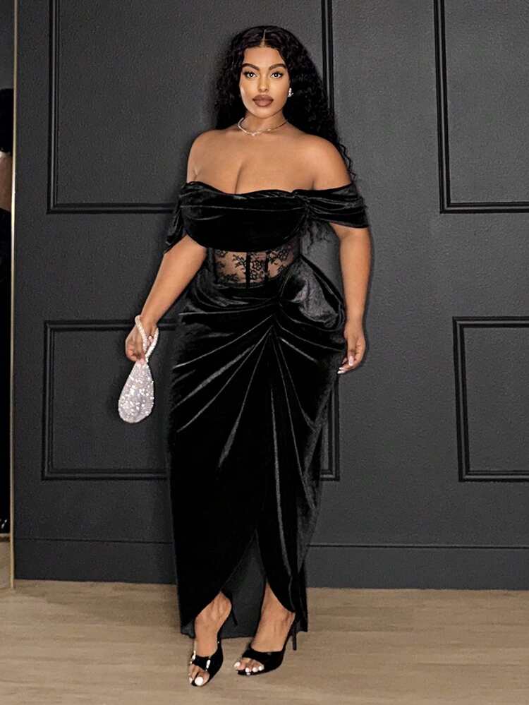 bodycon black velvet dress Slaydiva Women's Plus Size Dress,Autumn Elegant Lace Patchwork Off Shoulder Midi Dress,Formal Evening Cocktail Party Retro Slay Outfit category:DRESSES Crafted with luxurious velvet Simple white Strapless Long Select Shoes Size:43