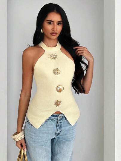 Glamine 法式复古针织露背吊带毛衣，饰以海星和贝壳，优雅别致，露肩设计凸显身材，独特的针织背心