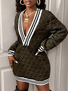 BamGleam Deep V-Neck Textured Padded Knit Striped Long Sleeve Fashionable Winter Mini Dress - Army Green - View 3