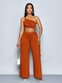 SOLERSUN 女士夏季性感纯色不对称领口褶皱修身镂空连体裤 - 鏽棕色 - 查看 7