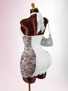 Amplova 女士优雅性感透视蕾丝拼接露背吊带迷你连衣裙 - 白色 - 查看 7