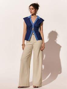 Poéselle Women's Denim Top, Casual Color-Blocked Denim Top, Dark Blue Top Summer Tops Valentine Clothes  Beach Outfits For Women Going Out Tops For Women Elegant Women's Blouses Casual Blouses For Women  Y2K Tops - Multicolor - View 3