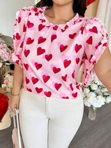 Vionelle 大码女式情人节爱心印花荷叶边休闲百搭泡泡袖衬衫 - 粉色 - 查看 3