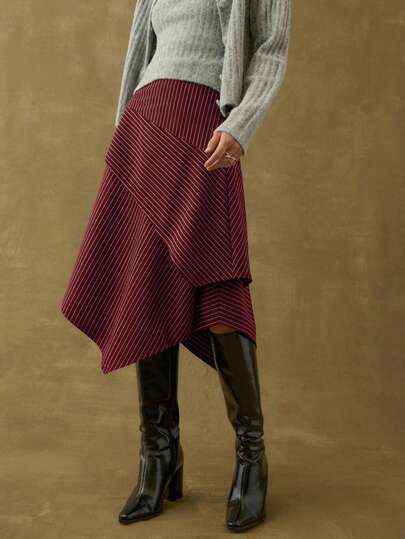 Nöista Women's Navy Pinstripe Midi Skirt With A Draped Asymmetrical Overlay. Elegant And Sophisticated, Perfect For Office Wear, Formal Events, Or Stylish Parties, Adding A Modern Touch To Spring Break Outfits Outfits.