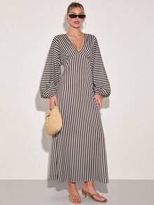 COSMINA Đầm dài tay cổ chữ V sâu thanh lịch dành cho nữ, thiết kế kẻ sọc đa năng, phù hợp mọi mùa, đầm kẻ sọc dọc, đầm midi có tay, đầm tay phồng, đầm midi thường ngày, đầm midi kẻ sọc. - Đỏ và trắng - Xem 1