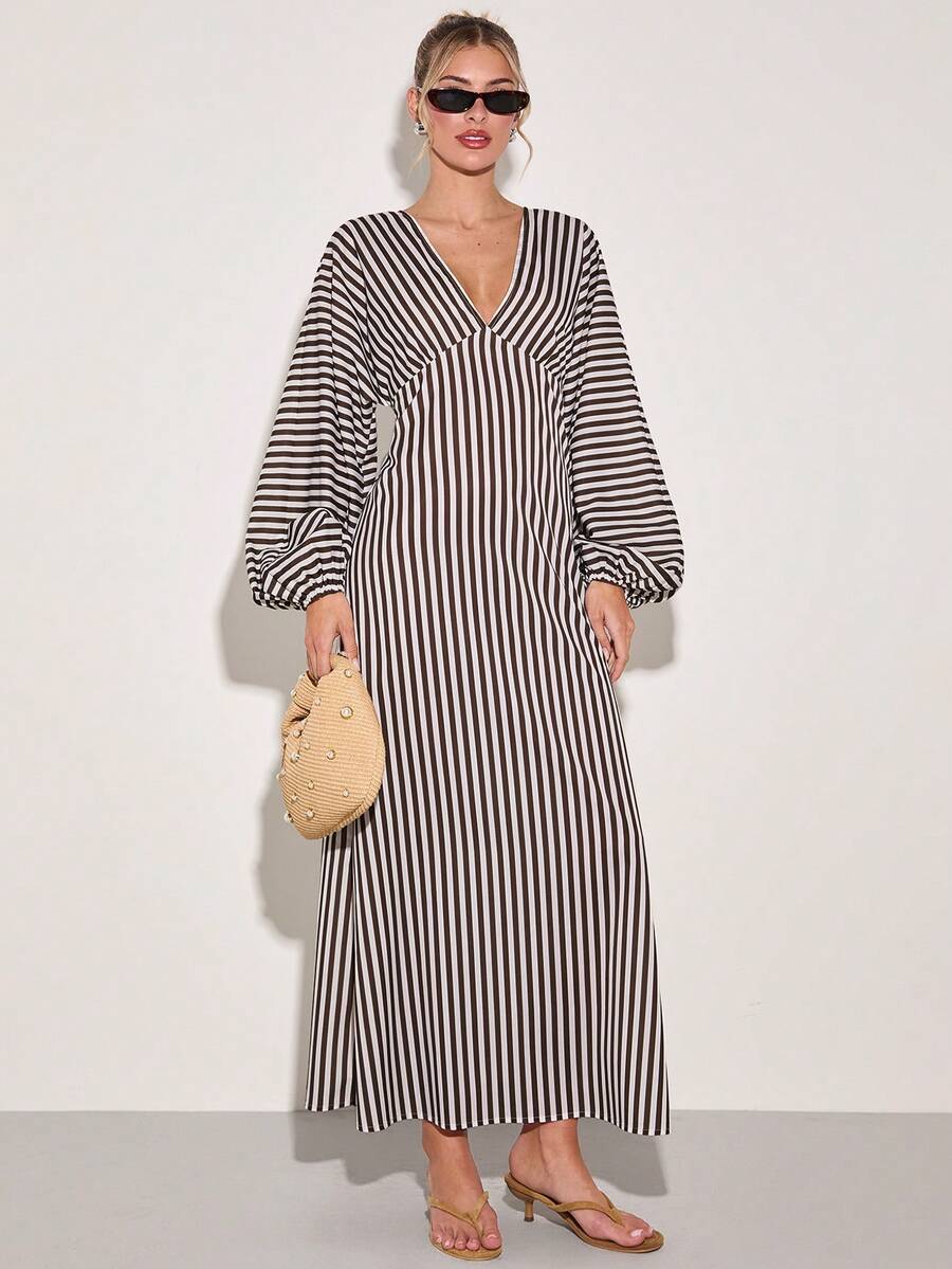 COSMINA Đầm dài tay cổ chữ V sâu thanh lịch dành cho nữ, thiết kế kẻ sọc đa năng, phù hợp mọi mùa, đầm kẻ sọc dọc, đầm midi có tay, đầm tay phồng, đầm midi thường ngày, đầm midi kẻ sọc. - Đỏ và trắng - Xem 1