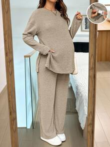 2pcs Maternity Casual Solid Color Side Slit Top And Pants Set, Autumn 3 Day Delivery Pregnancy - Khaki - View 1