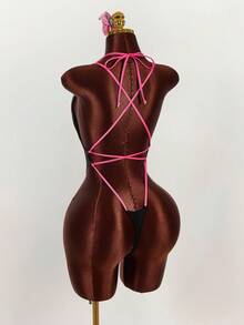 Amplova Women's Sexy Deep V-Neck Backless Contrast Color One-Piece Swimsuit, Chic High Cut Halter Neck Premium Swimwear For Summer Vacation - Multicolor - View 1