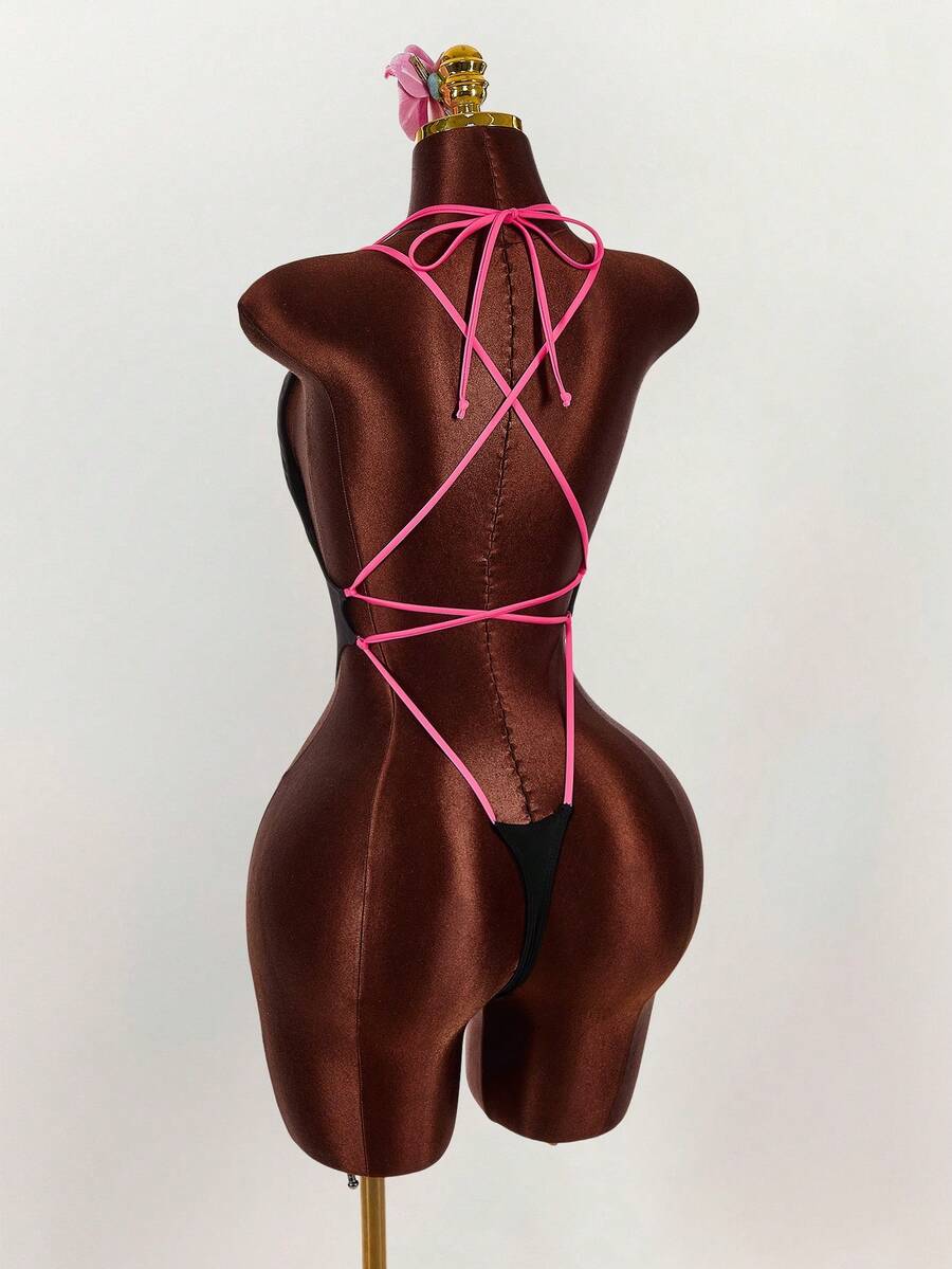 Amplova Women's Sexy Deep V-Neck Backless Contrast Color One-Piece Swimsuit, Chic High Cut Halter Neck Premium Swimwear For Summer Vacation - Multicolor - View 1