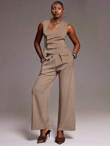 Normani 2025夏季新款时尚音乐节及毕业典礼休闲套装：亚麻质感无袖上衣，纽扣设计，搭配卡其色直筒裤，适合休闲、海滩、日常穿着/亚麻裤套装/夏季裤装套装/女士夏季服装/阔腿裤套装 - 卡其色 - 查看 1