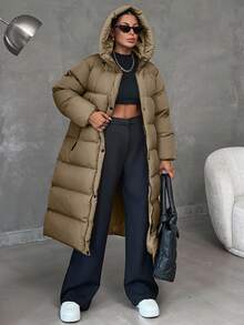 SHEIN Cottnline Zip Up Hooded Long Plus Size Winter Coat - Mocha Brown - View 4