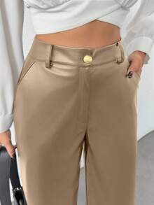 Plus Size Women's Gold Button Detailed Straight Fit Leather Pant - Mocha Brown - View 3