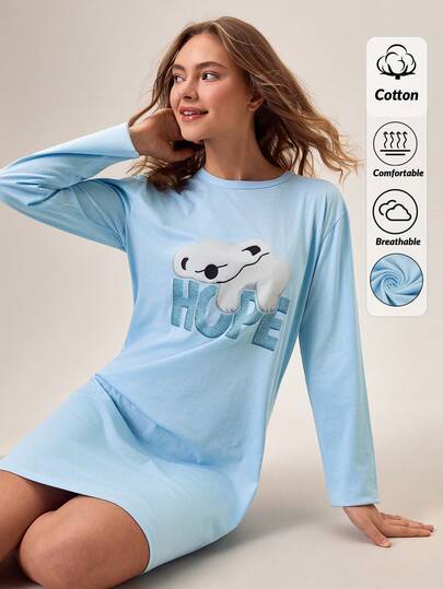 Loomlin COTTON Women Koala Printed Long Sleeve&Rpund Neck Homewear Nightgown Sleep Dress