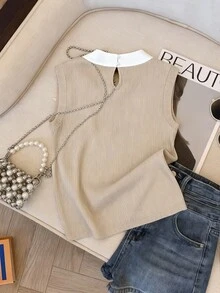 GlowEve 女士优雅通勤撞色扭结罗纹针织背心，夏季 - 卡其色 - 查看 2