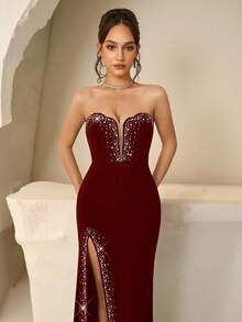 Coutiva 女士水钻装饰无肩带侧开衩修身优雅正式晚礼服 - 酒紅色 - 查看 6