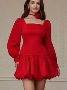 Revavyn European & American Style Fashionable Versatile Square Collar 3D Floral Decor Waist Cinched Peplum Hem Short Long Sleeve Dress, Autumn/Winter - Red - View 5