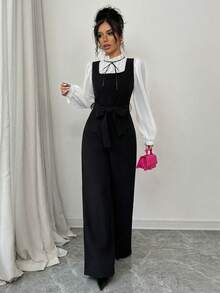 SHEIN PETITE 女士时尚高腰直筒连体裤，撞色拼接，两件套 - 黑與白 - 查看 4