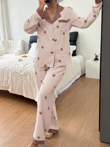 Dream Adore Ensemble pyjama femme à manches longues et pantalon avec col contrasté, motif à bulles, froissé, cœur et rayures - Multicolore - Voir 4