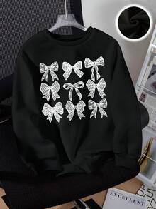 SHEIN Tween Girls' Casual Versatile Bow Print Crew Neck Sweatshirt, Autumn - Black - View 3