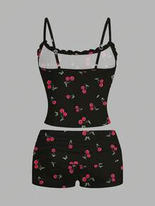 SHEIN Essnce 两件套女士蕾丝吊带背心和褶皱短裤，适合夏季穿着 - 黑色 - 查看 2