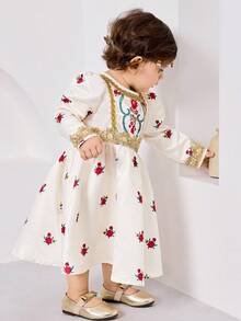 Baby Girl Ditsy Floral Fitted Round Neck Woven Dress With Rose Gold Ribbon - Multicolor - View 5