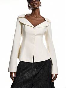 LYSMO 女士纯色简约休闲长袖西装外套 - 米色 - 查看 3