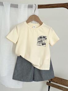SHEIN LMoss Kids 2pcs/Set Boys Casual Graphic Tee And Striped Elastic Waist Shorts Set, Suitable For Birthday Party, Party, Performance, Wedding, Baptism, Back To School, Daily Wear, School, Travel, Sports, Spring And Summer - Khaki - View 3
